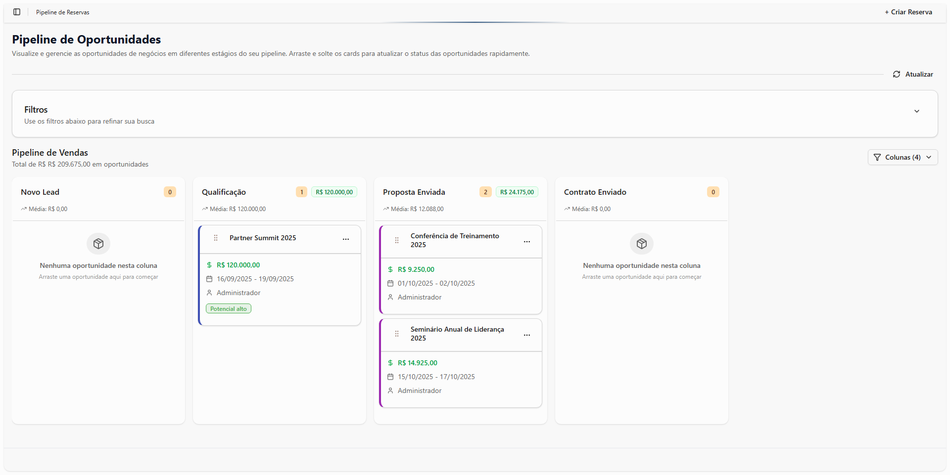 Pipeline de vendas do Eventos by SavvySoft