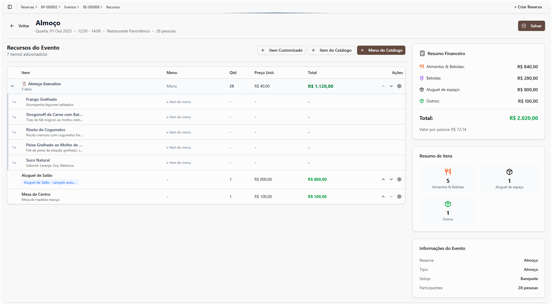 Tela de gestão de recursos do Eventos by SavvySoft